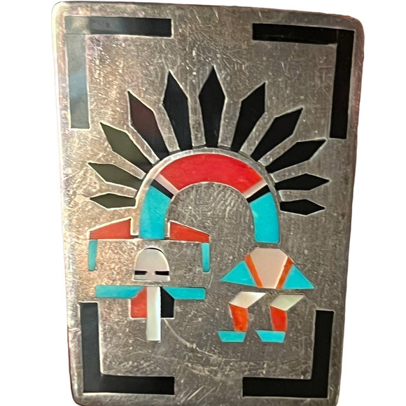 F.L. Natachu Sterling Silver and Inlay Stones Rainbow Man Bolo Tie Vintage Zuni - Picture 5 of 16